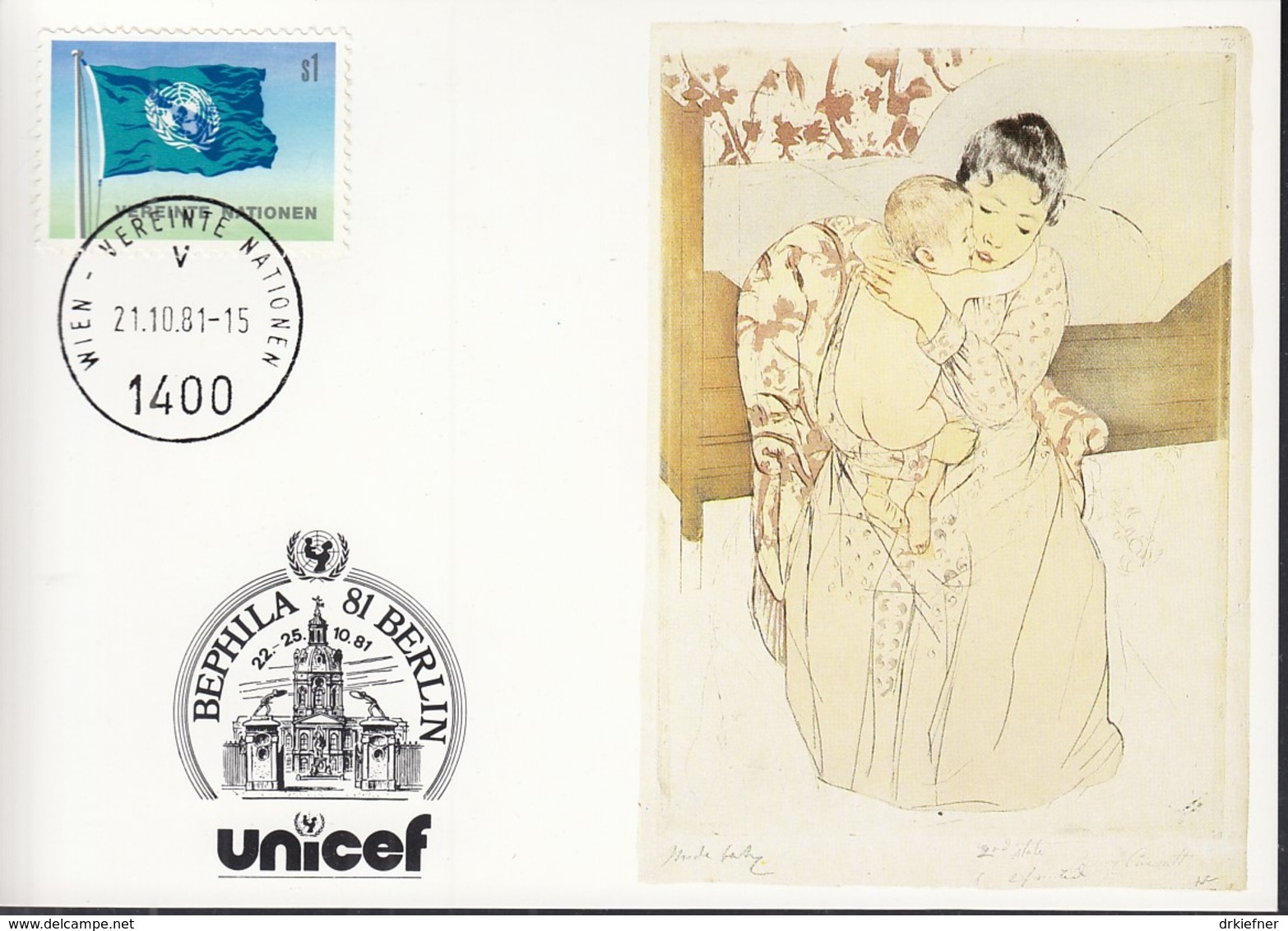 UNO WIEN  UNICEF-Kunstkarte, Mary Cassatt, Zur BEPHILA '81, Berlin 21.10.1981 - Lettres & Documents