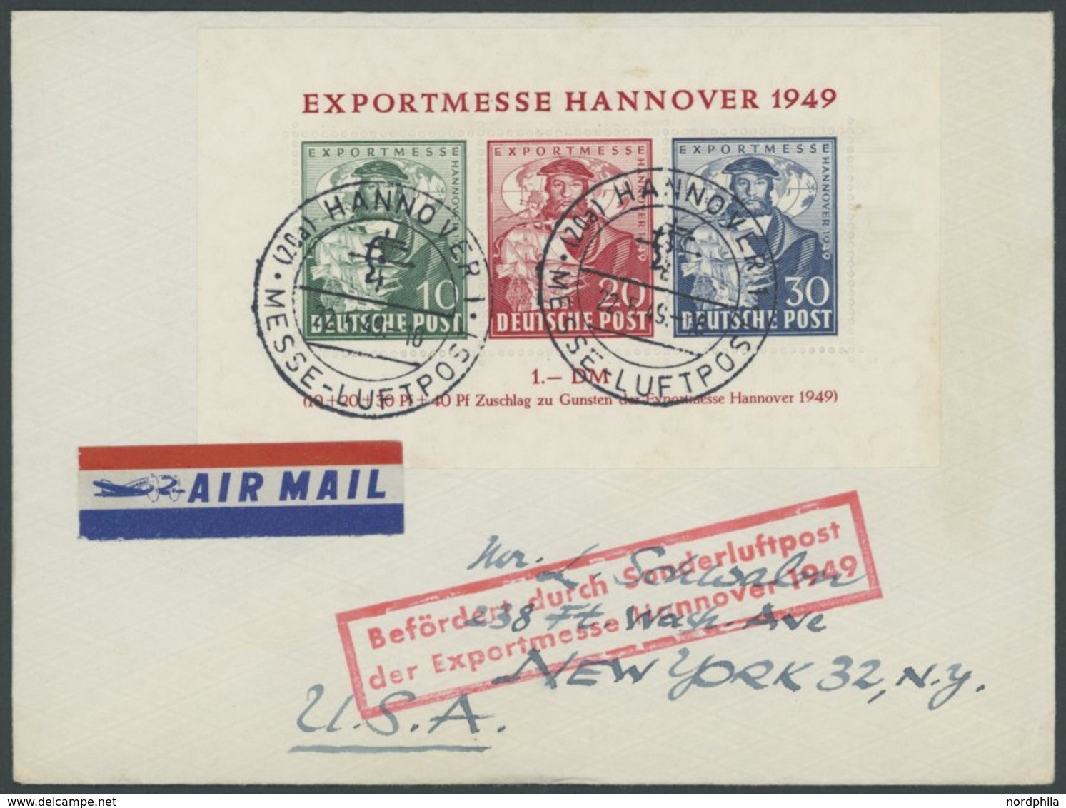 AMERIK. U. BRITISCHE ZONE Bl. 1a BRIEF, 1949, Block Exportmesse, Prachtblock Auf FDC Mit Rotem Sonderluftpoststempel Nac - Other & Unclassified