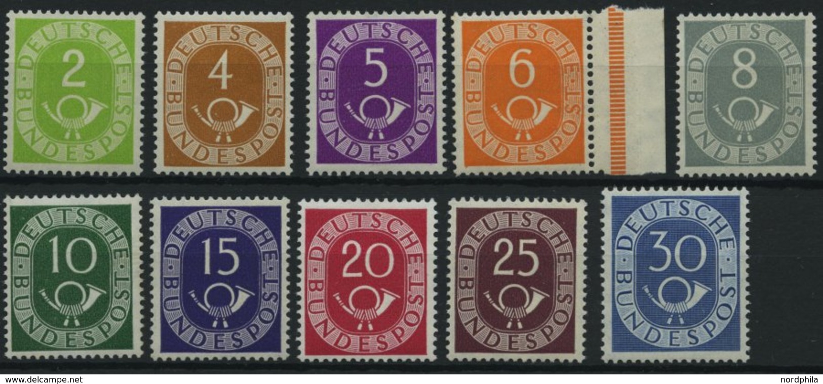 BUNDESREPUBLIK 123-32 **, 1951, 2 - 30 Pf. Posthorn, 10 Prachtwerte, Mi. 305.- - Oblitérés