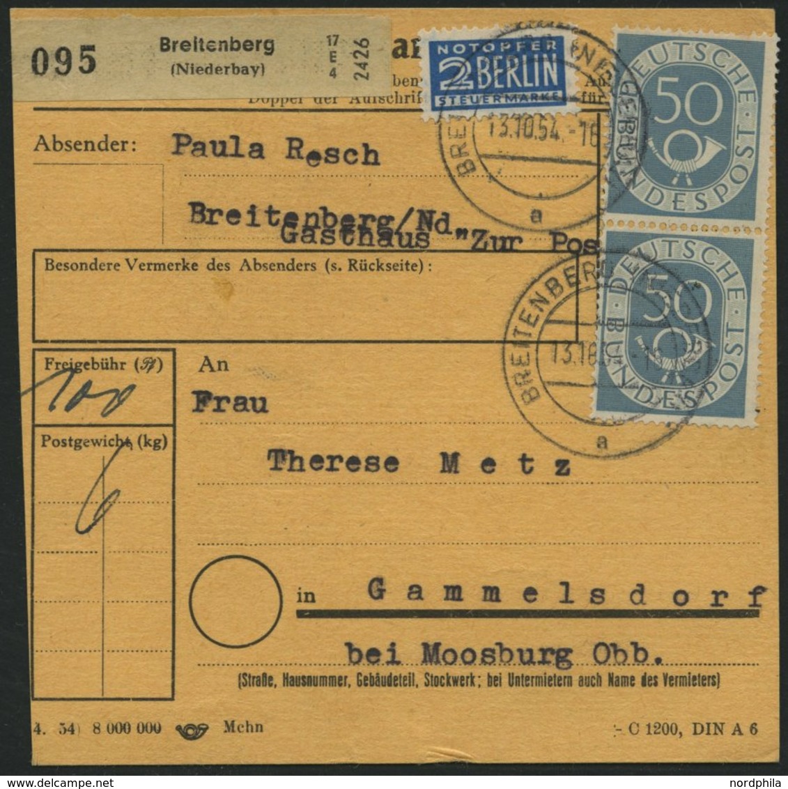 BUNDESREPUBLIK 134 Paar BRIEF, 1954, 50 Pf. Posthorn Im Senkrechten Paar Als Mehrfachfrankatur Auf Paketkarte Aus BREITE - Gebraucht