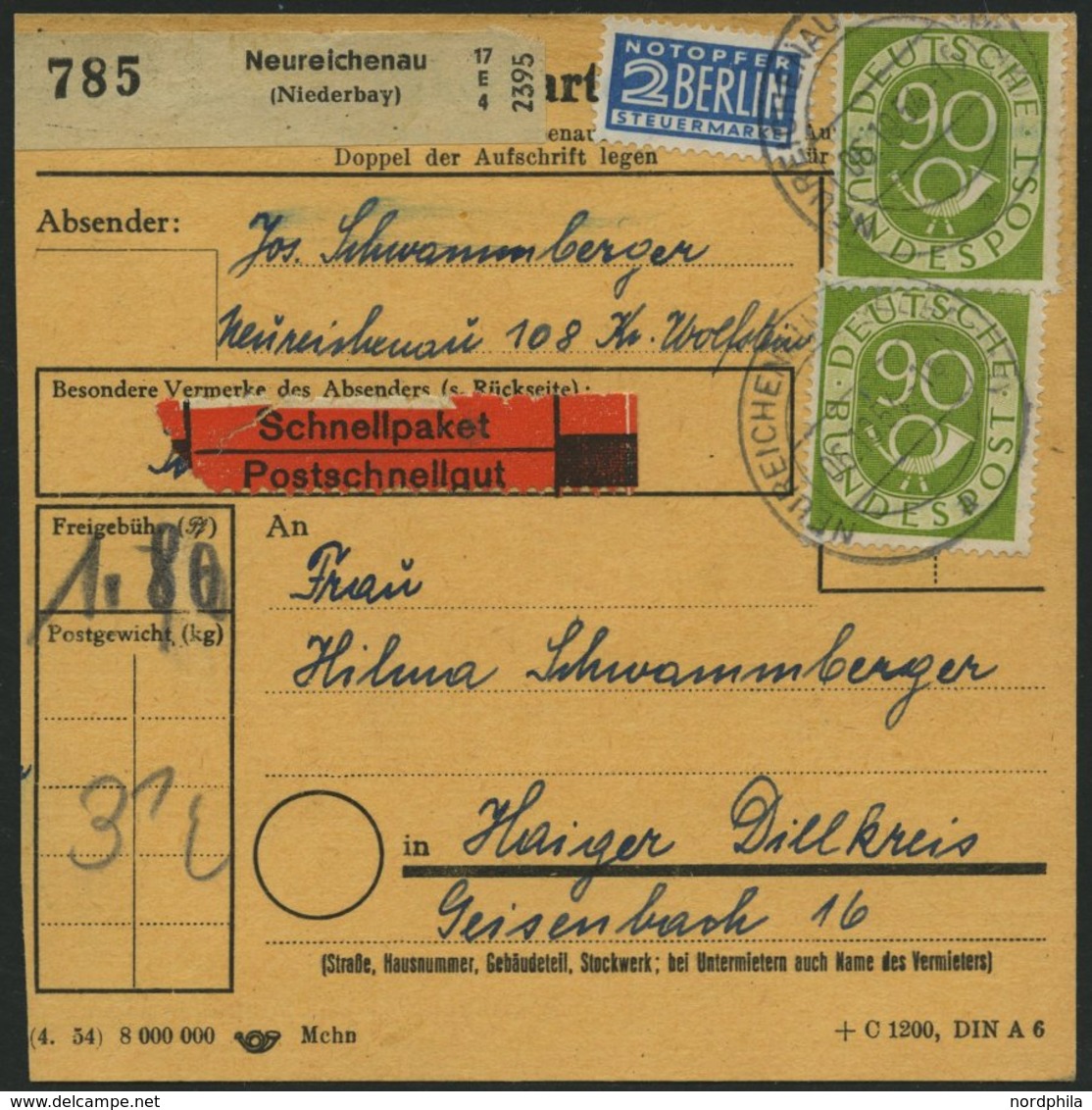 BUNDESREPUBLIK 138 BRIEF, 1954, 90 Pf. Posthorn, 2x Als Mehrfachfrankatur Auf Schnellpaketkarte Aus NEUREICHENAU, Normal - Gebraucht