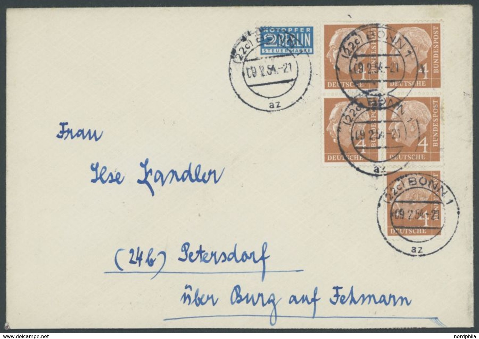 1954, 4 Pf. Heuss Im Viererblock Und Einzelmarke Als Mehrfachfrankatur Auf Prachtbrief -> Automatically Generated Transl - Used Stamps