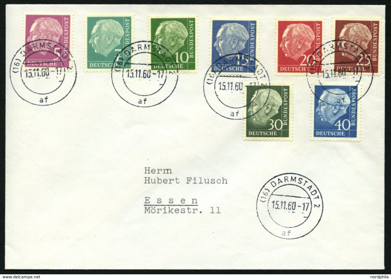 BUNDESREPUBLIK 179-260y BRIEF, 1960, Heuss Lumogen, Prachtsatz Auf Umschlag Mit Stempeln DARMSTADT 2af, Mi. (450.-) - Gebraucht