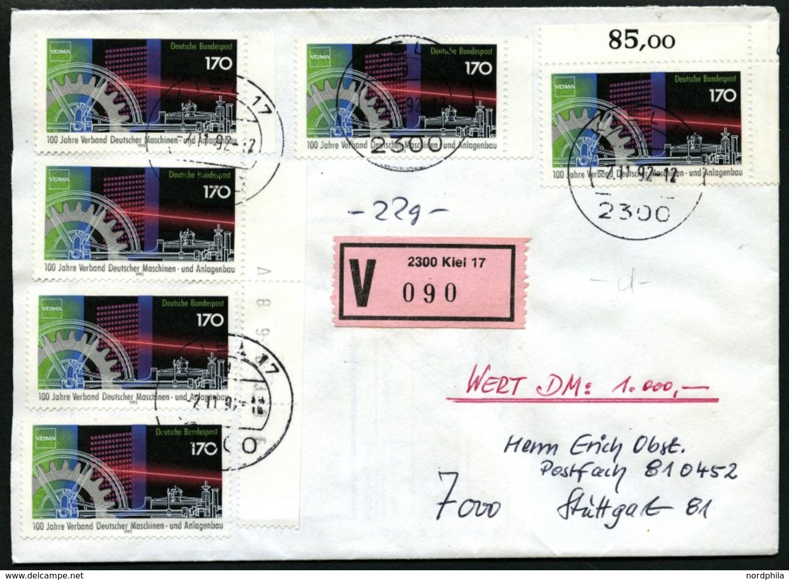 BUNDESREPUBLIK 1636 BRIEF, 1992, 170 Pf. VDMA, 6x Auf Gesiegeltem Wertbrief DM 1000.-, Pracht - Used Stamps