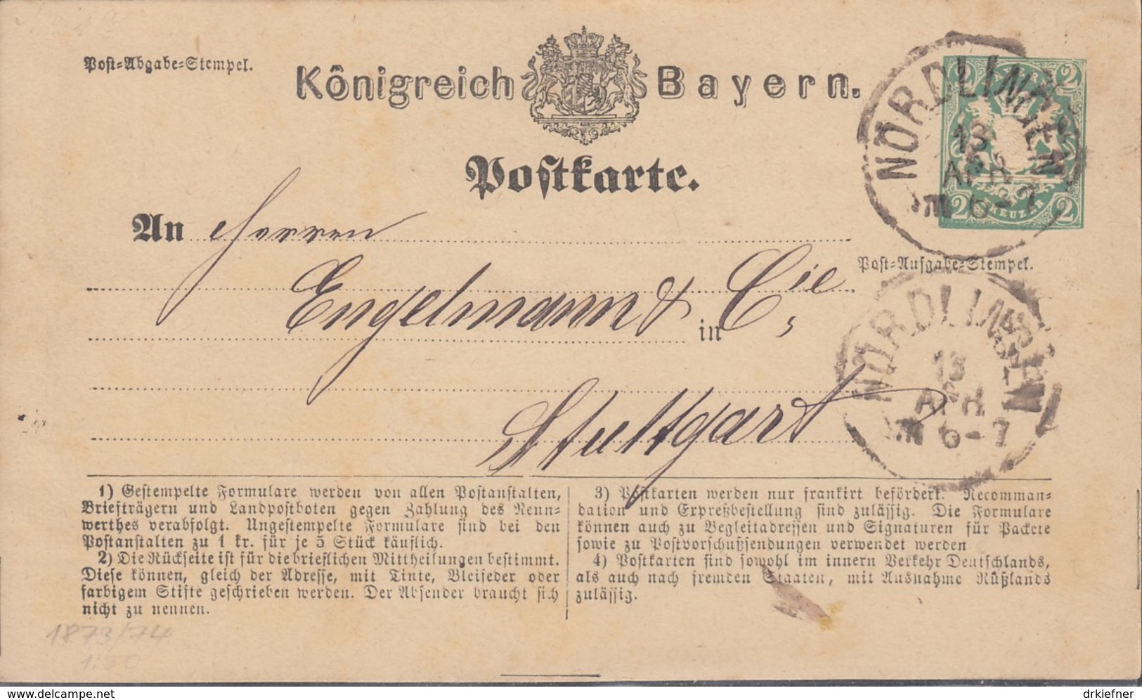 BAYERN P 1 I, Gestempelt: Nördlingen 13.APR (1875) - Sonstige & Ohne Zuordnung