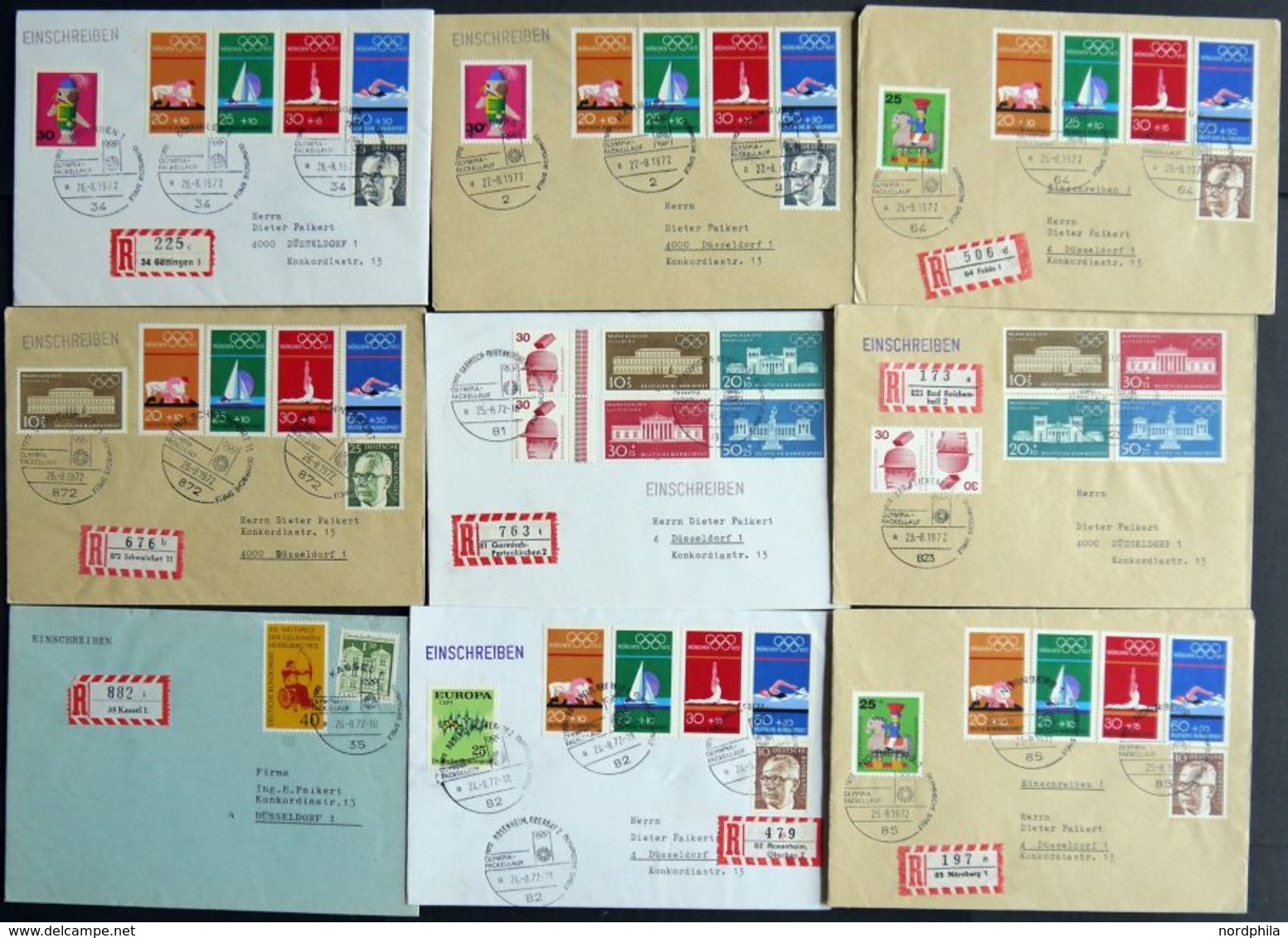 1972, OLYMPIA FACKELLAUF-Sonderstempel Aus Verschiedenen Deutschen Städten Auf 9 Einschreibbriefen, Alle Mit Olympia-Fra - Other & Unclassified