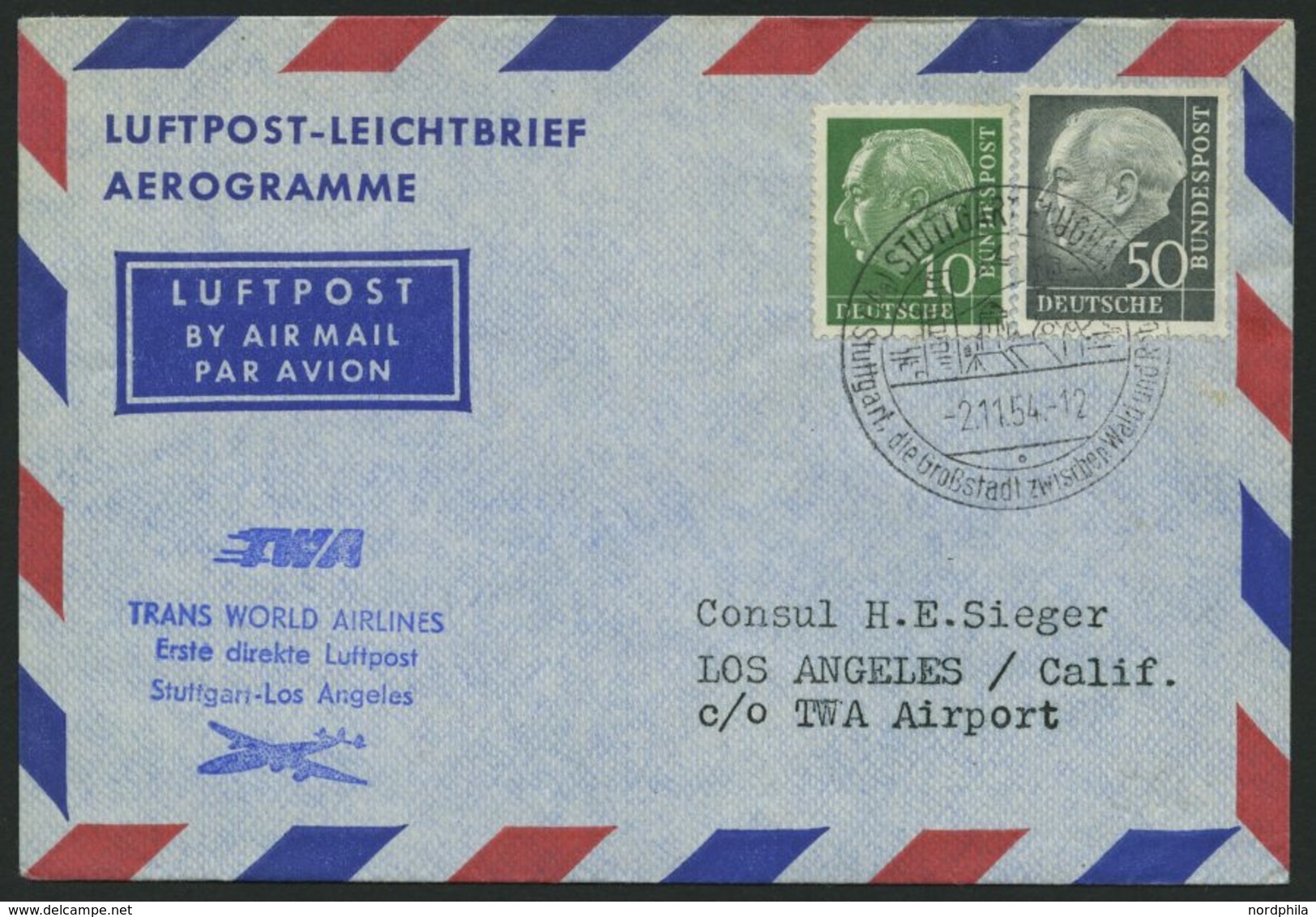 ERST-UND ERÖFFNUNGSFLÜGE 2493 BRIEF, 2.11.54, Stuttgart-Los Angeles, Prachtbrief - Briefe U. Dokumente