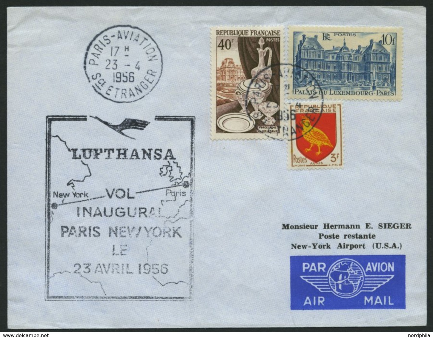 DEUTSCHE LUFTHANSA 59 BRIEF, 23.4.1956, Paris-New York, Prachtbrief - Lettres & Documents