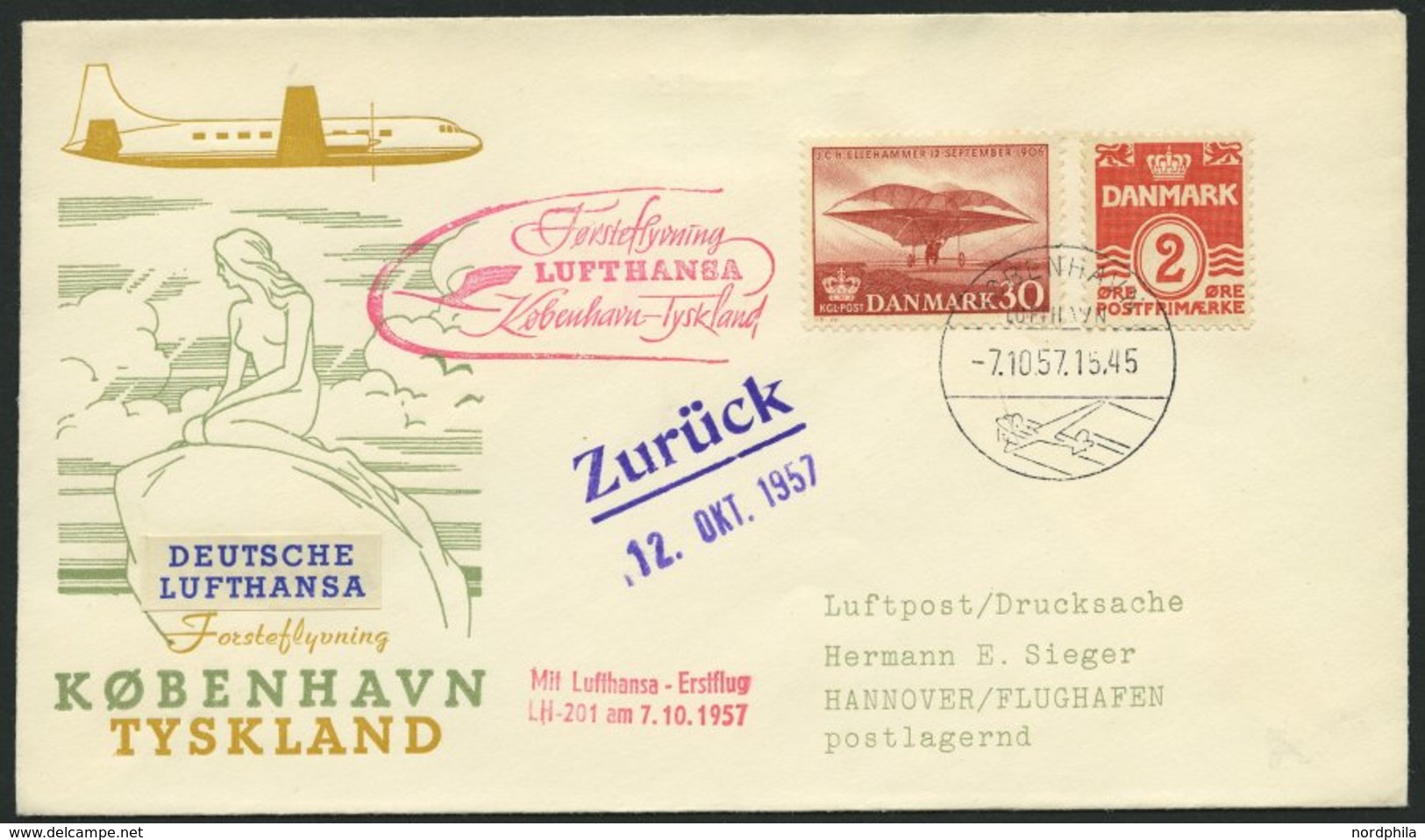 DEUTSCHE LUFTHANSA 178 BRIEF, 7.10.1957, Kopenhagen-Hannover, Prachtbrief - Briefe U. Dokumente