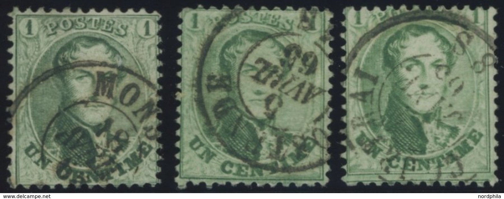 BELGIEN 10B O, 1863, 1 C. Blaugrün, Gezähnt B, 3 Prachtwerte In Nuancen Mit Verschiedenen Ortsstempeln, Pracht, Mi. 120. - Otros & Sin Clasificación