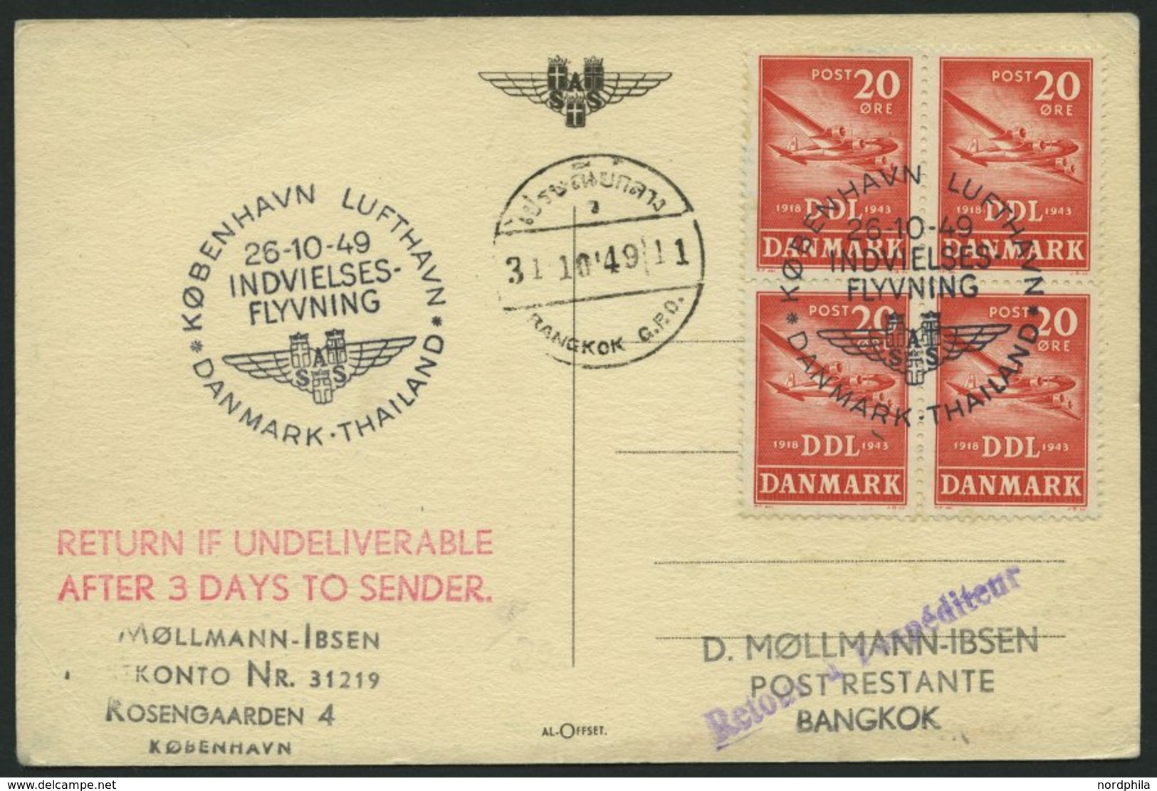 ERSTFLÜGE 26.10.1949, Kopenhagen-Bangkok, Prachtkarte - Other & Unclassified