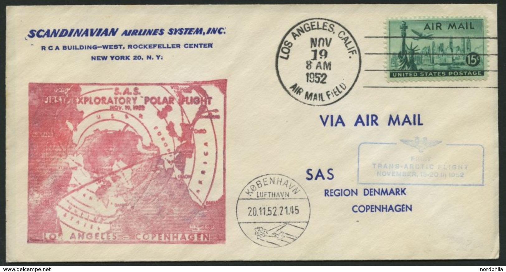 ERSTFLÜGE 19.11.1952, Los Angeles-Kopenhagen, Prachtbrief - Other & Unclassified