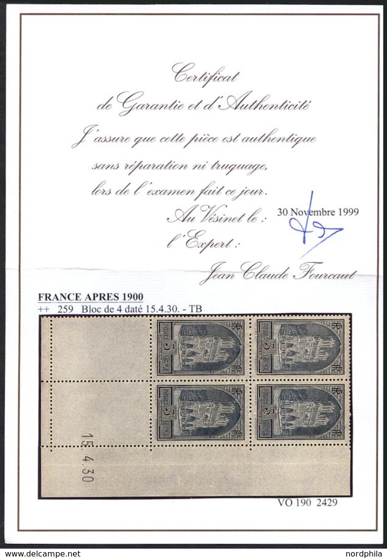 FRANKREICH 256I VB **, 1930, 3 Fr. Kathedrale Von Reims, Type I, Im Eckrandviererblock Mit Druckdatum: 15.4.30, Pracht,  - Other & Unclassified