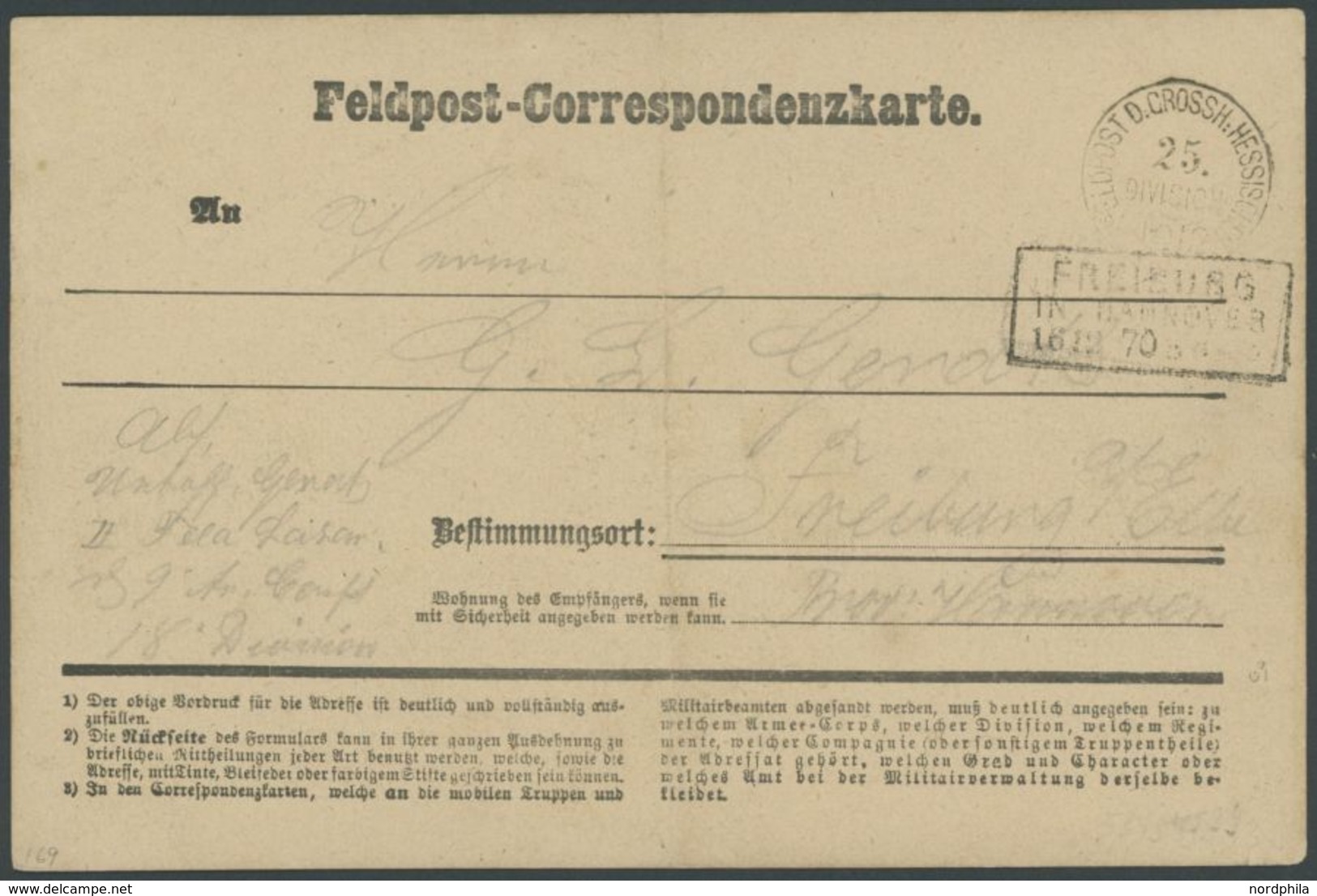 1870, Interessante Feldpost Correspondenzkarte Der Einzigen Hessischen Division (25. Division) Im Deutsch/französischem  - Kriegsmarken