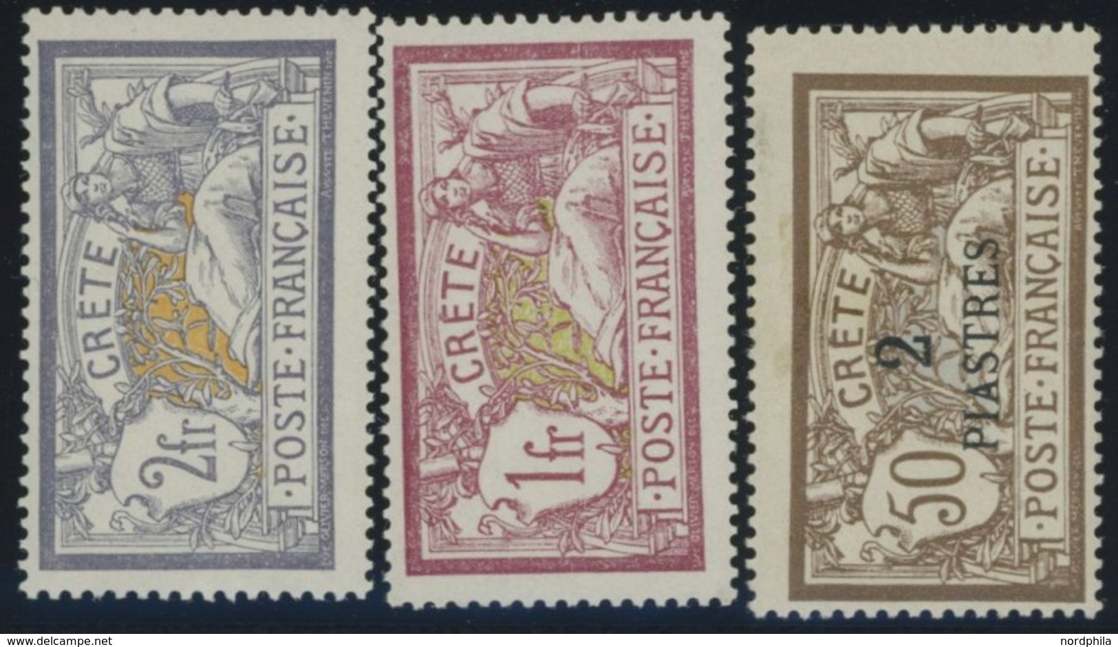 FRANZ.POST IN KRETA 13/4,17 *, 1902/3, 1 Und 2 Fr. Und 2 Pia. Auf 50 C. Freimarken, Falzreste, 3 Prachtwerte, Mi. 108.- - Oblitérés