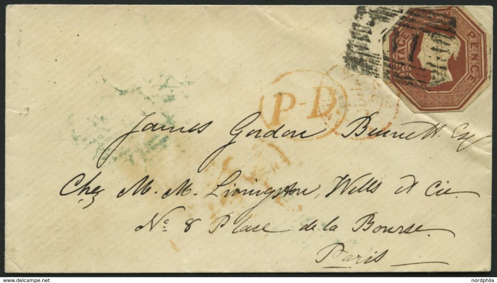GROSSBRITANNIEN 6 BRIEF, 1854, 10 P. Rotbraun, Achteckig Geschnitten Auf Kleinem Brief Nach Paris, Feinst - Gebraucht