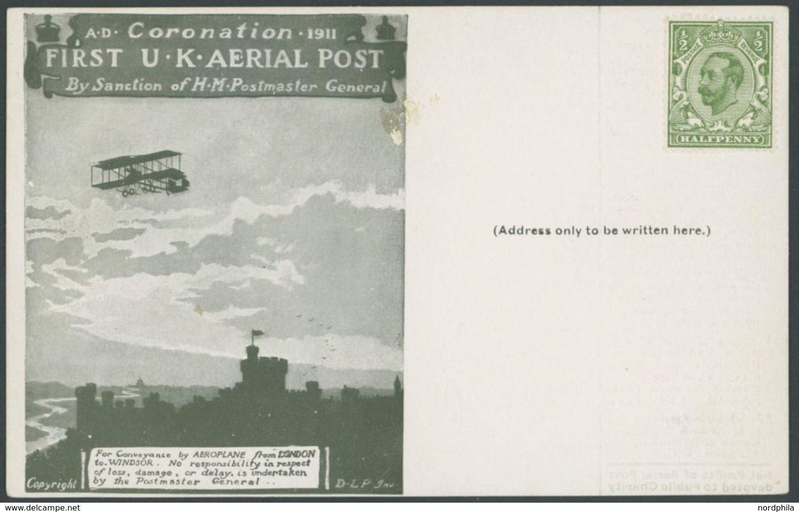 1911,  1/2 P. König Georg V Auf Dunkelgrüner Sonderkarte First U.K. AERIAL POST, Ungebraucht, Pracht -> Automatically Ge - Gebraucht