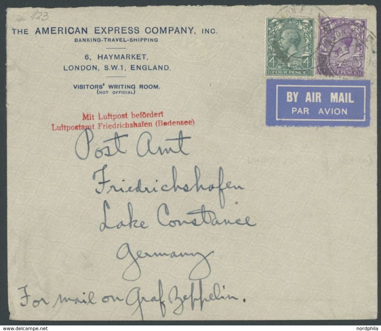 24.8.1931, Brief Der American Express Company LONDON FS Und Handschriftlich For Mail On Graf Zeppelin An Das Postamt Fri - Gebraucht