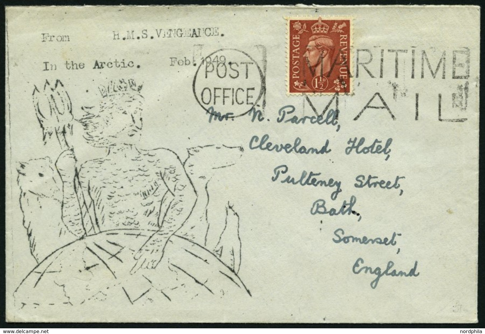 GROSSBRITANNIEN 223 BRIEF, 1949, 11/2 P. König Georg VI Auf Brief In Die Arktis Vom Englichen Kriegsschiff Vengeance, Pr - Gebraucht