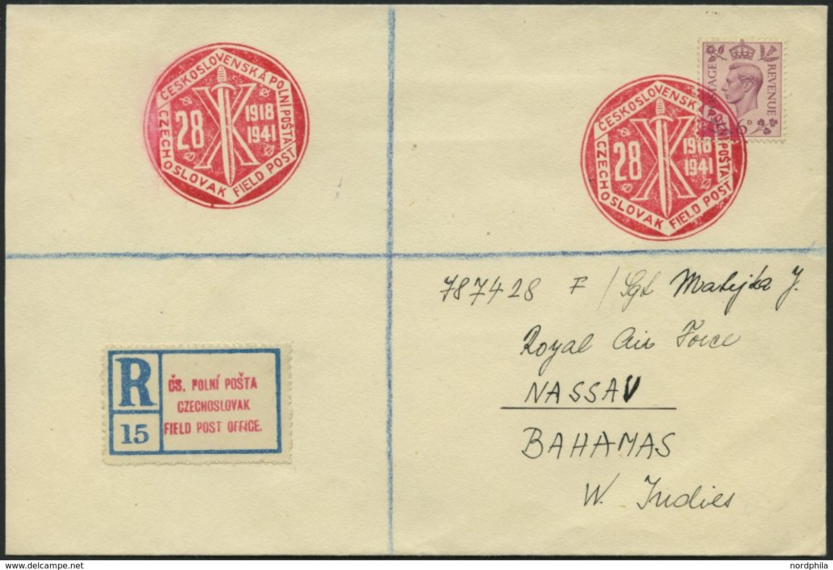 BRITISCHE MILITÄRPOST 206 BRIEF, 1941, 6 P. Violett Auf Einschreibbrief Nach Nassau/Bahamas Mit Tschechischem Feldpost-E - Used Stamps