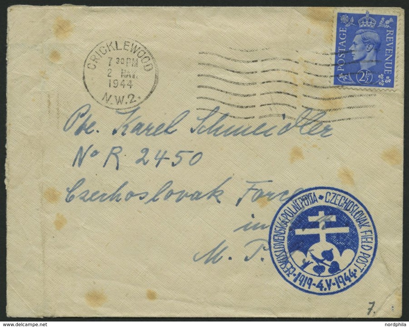 BRITISCHE MILITÄRPOST 1944, Brief An Einen Angehörigen Der Tschechischen Brigade, Mot. Aufklärungs-Zug, Ankunftsstempel  - Gebraucht