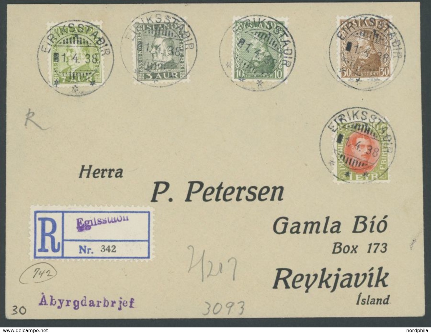 1938, 5 Verschiedene Werte: Mi.Nr. 165,183,185,187/8 Auf Einschreibbrief Mit Seltenen Stempeln EIRIKSSTADIR Mit Provisor - Sonstige & Ohne Zuordnung