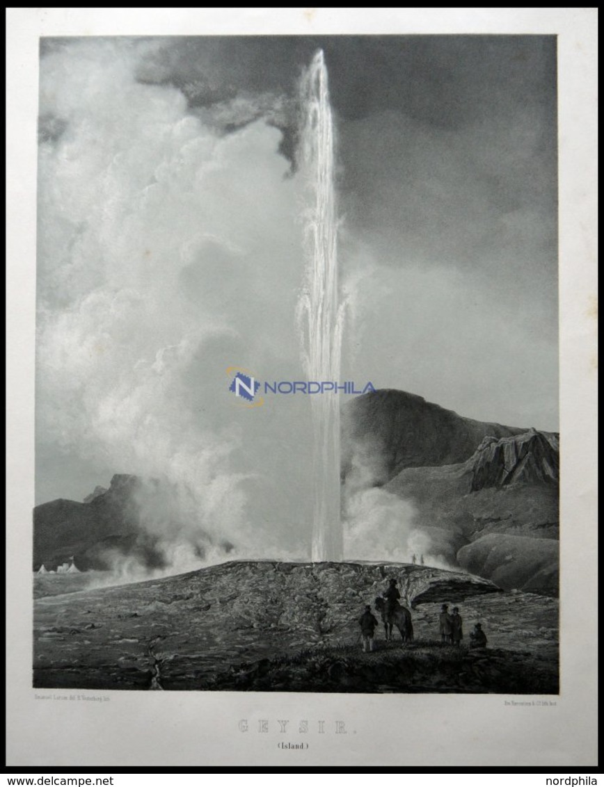 GEYSIR (Geysir), Ansicht Mit Eruptionssäule Und Zuschauern, Lithographie Mit Tonplatte Von E. Vesterberg Nach Emanuel La - Lithographies