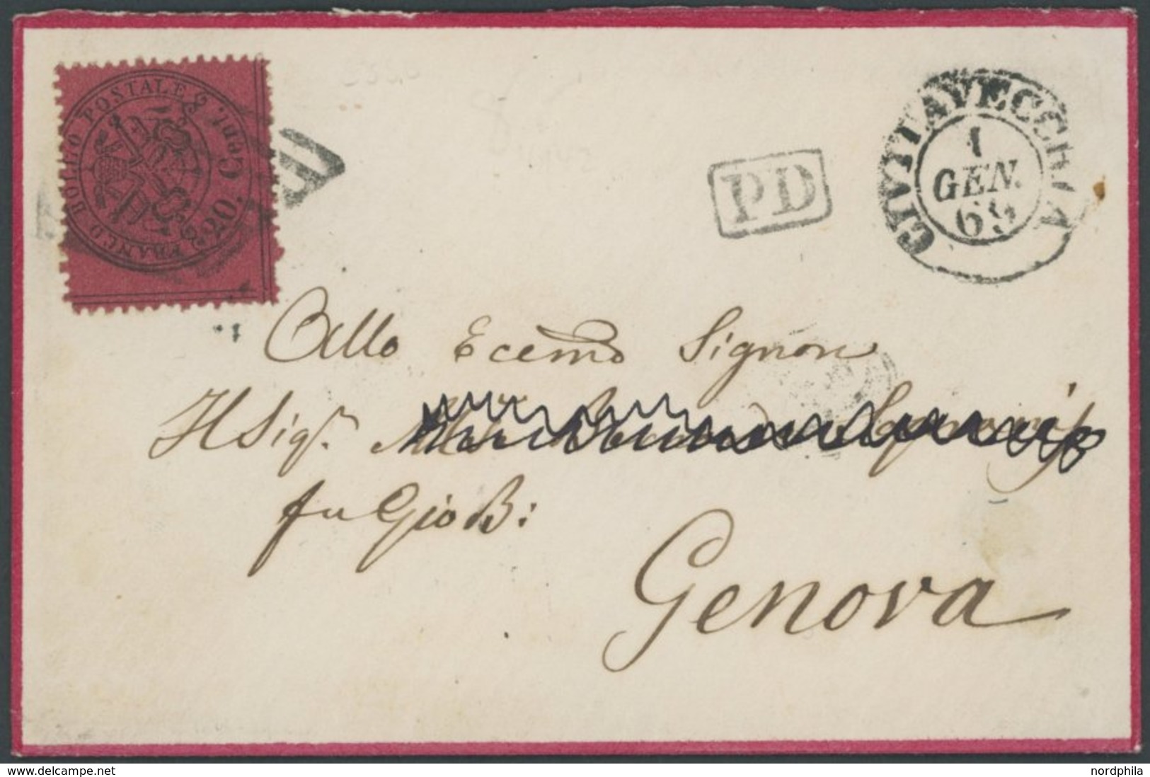 KIRCHENSTAAT 23b BRIEF, 1869, 20 C. Schwarz Auf Braunrosa Auf Kleinem Dekorativen Brief Von CIVITAVECCHIA Nach Genua, Pr - Etats Pontificaux