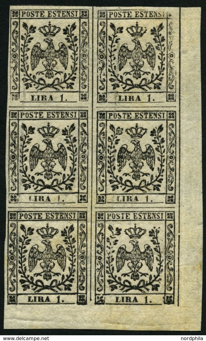 MODENA 6 **, *, 1852, 1 L. Schwarz Im Sechserblock Aus Der Rechten Unteren Bogenecke, Pracht - Modène