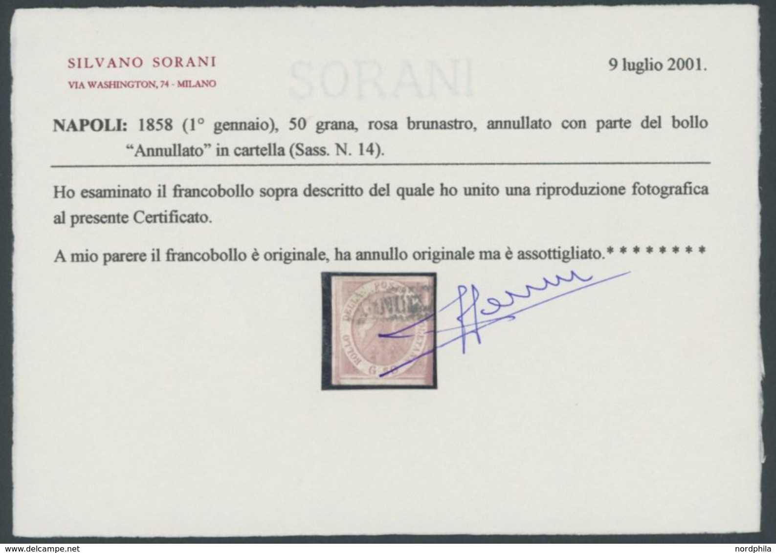 NEAPEL 7 O, 1858, 50 Gr. Braunrosa, Helle Stelle, Bildseitig Pracht, Fotoattest Sorani, Mi. 3200.- - Neapel