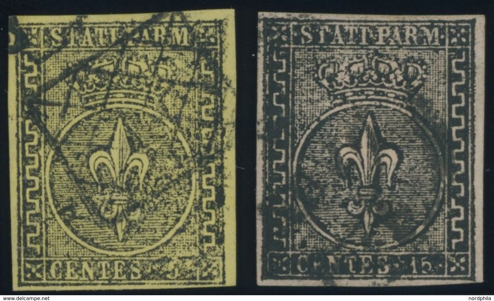 1852, 5 C. Schwarz Auf Gelb Und 15 C. Schwarz Auf Rosa, 2 Prachtwerte, Gepr. E. Diena, Mi. 145.- -> Automatically Genera - Parma