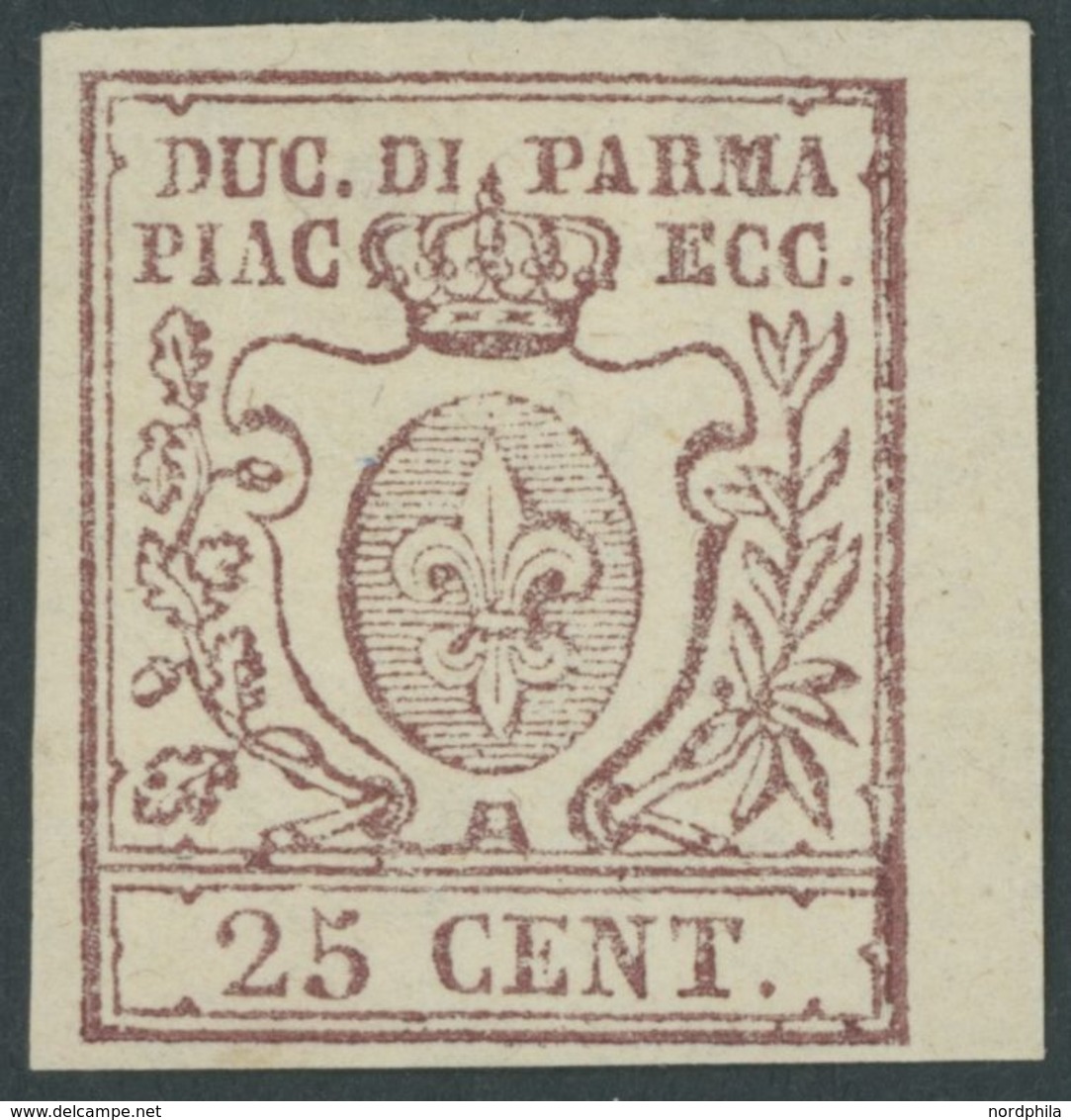1857, 25 C. Braun, Rechtes Randstück, Falzrest, Pracht, Gepr. E. Diena, Mi. 400.- -> Automatically Generated Translation - Parma