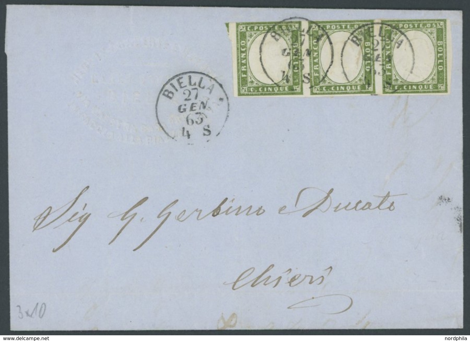 SARDINIEN 10 BRIEF, 1863, 5 C. Graugrün Im Waagerechten Dreierstreifen Auf Brief, K1 BIELLA, Pracht - Sardinia