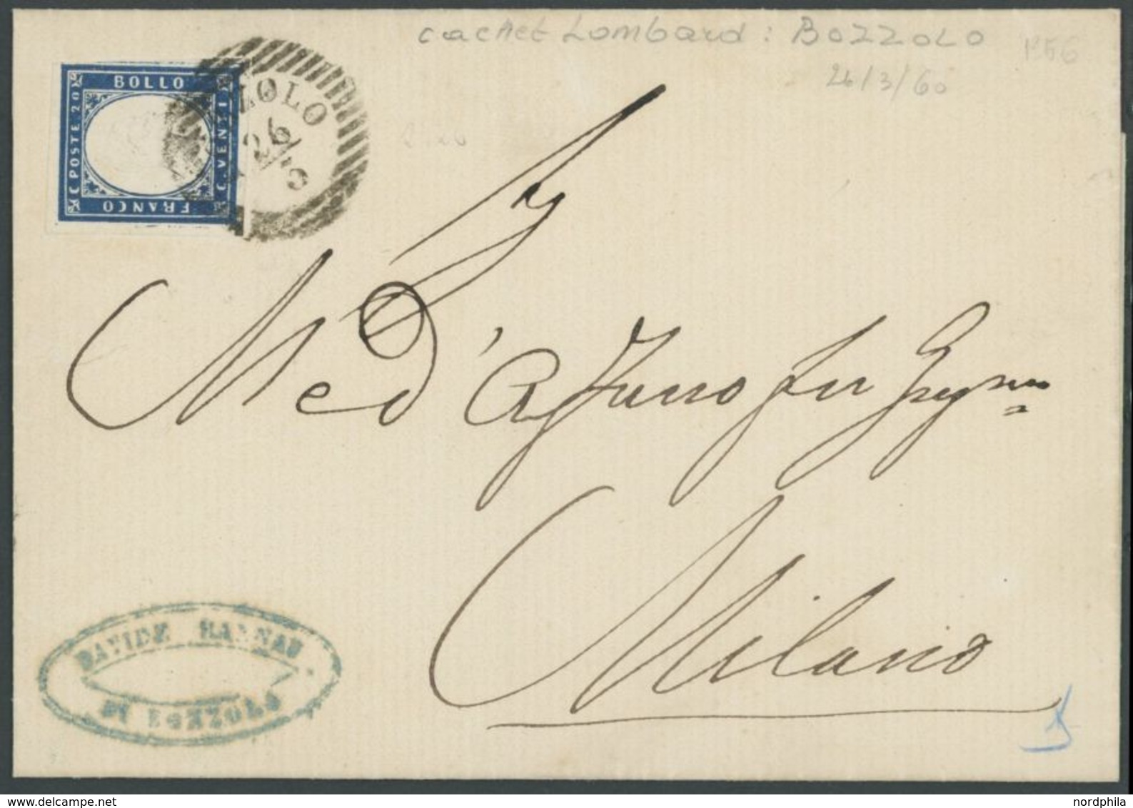 1860, 20 C. Blau Mit Stempel BOZZOLO Auf Brief Nach Milano, Pracht -> Automatically Generated Translation: 1860, 20 C. B - Sardinia