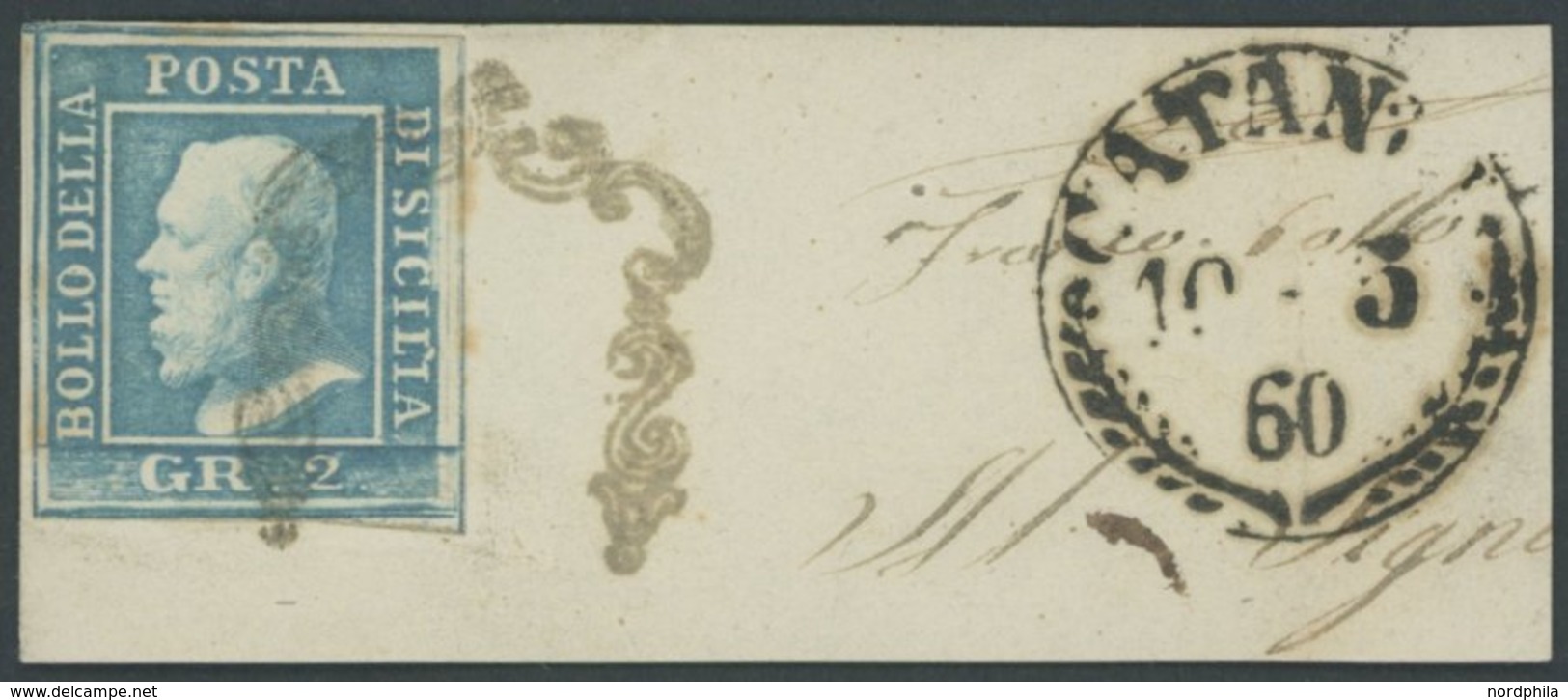 SIZILIEN 3a BrfStk, 1859, 2 Gr. Hellblau Auf Prachtbriefstück Aus CATANIA - Sicile