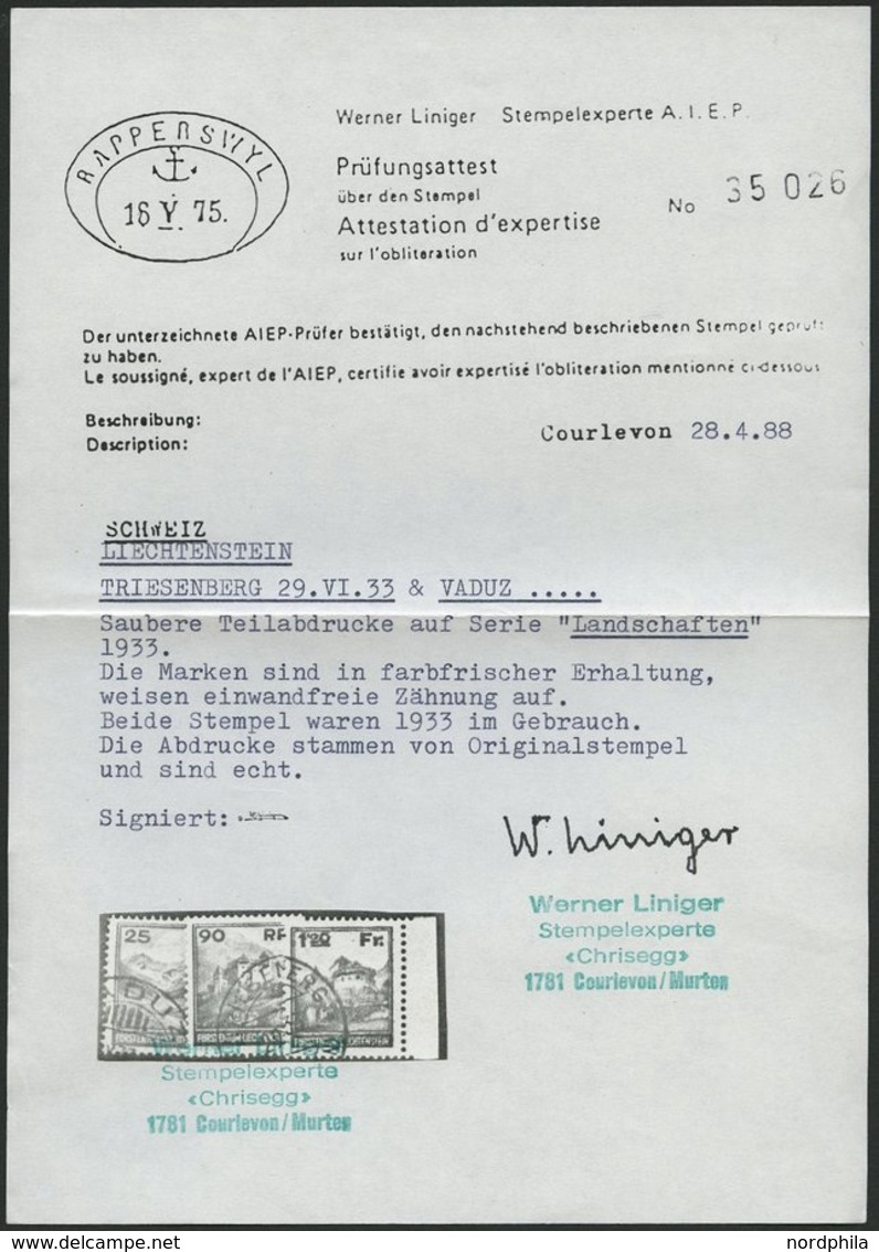 LIECHTENSTEIN 119-21 O, 1933, Landschaften Und Gebäude, Prachtsatz, Fotoattest Liniger, Mi. 600.- - Other & Unclassified
