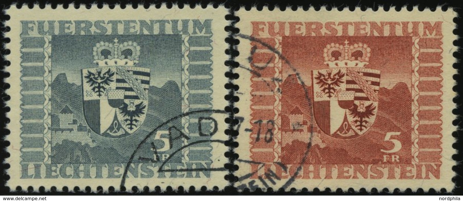 LIECHTENSTEIN 243/252 O, 1945/7, 5 Fr. Wappen, 2 Prachtwerte, Mi. 105.- - Sonstige & Ohne Zuordnung