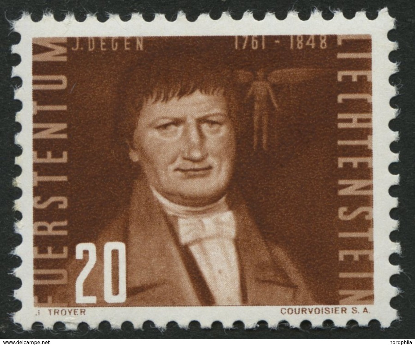 LIECHTENSTEIN 259b **, 1950, 20 Rp. Dunkelrötlichbraun Jakob Degen, Feinst, Mi. 170.- - Sonstige & Ohne Zuordnung