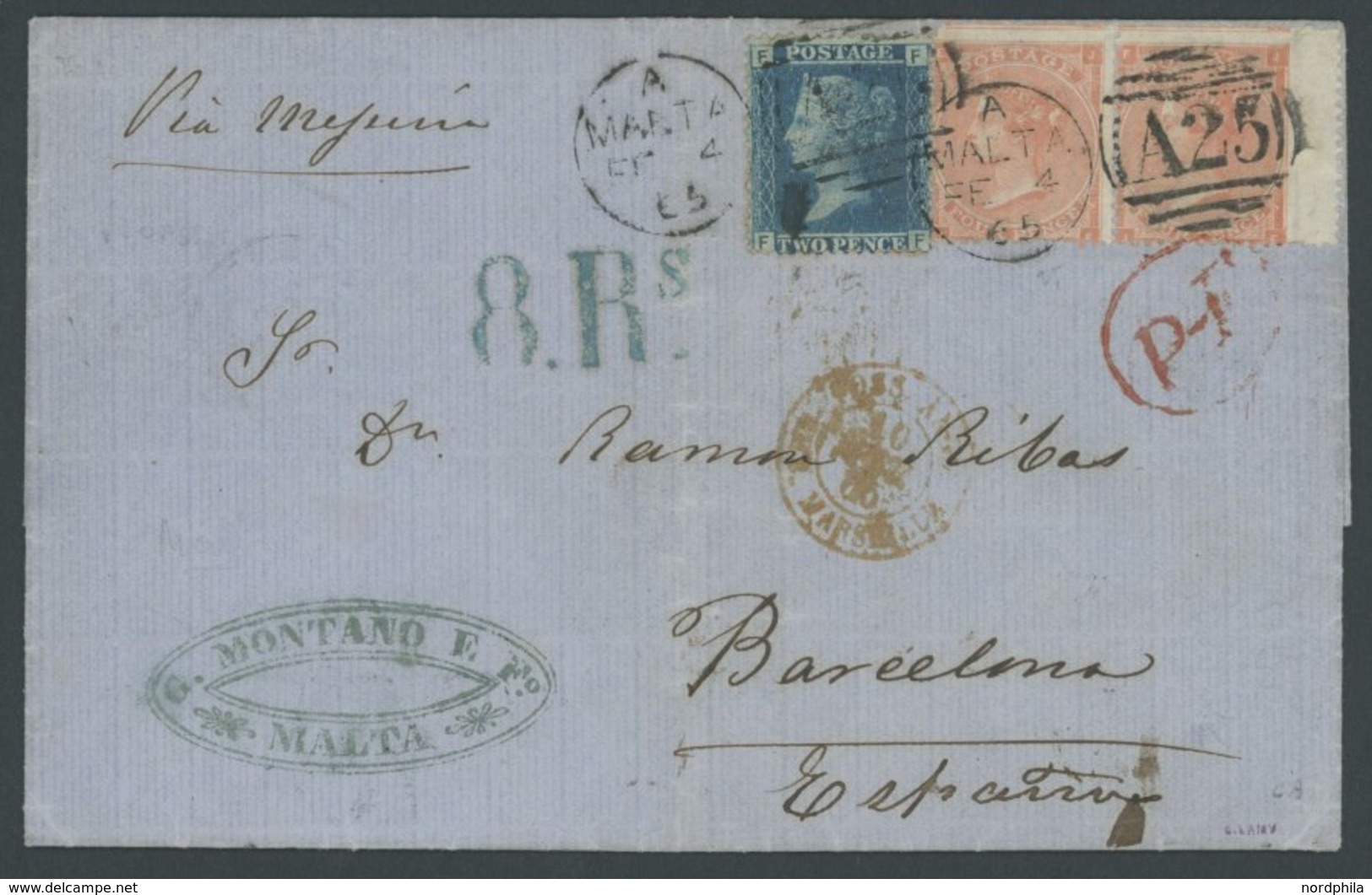 GROSSBRITANNIEN 17I,19II Paar BRIEF, 1865, 2 P. Blau Und Waagerechtes Paar 4 P. Bräunlichrot (üblich Gezähnt) Auf Brief  - Oblitérés