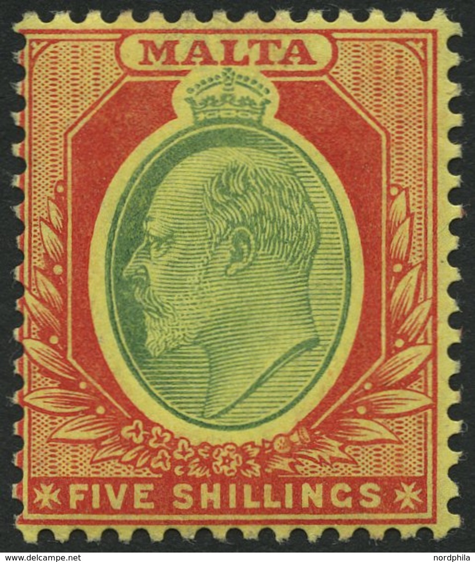 MALTA 40 *, 1911, 5 Sh. Karmin/hellgrün Auf Gelb, Falzrest, Pracht, Mi. 90.- - Gebraucht