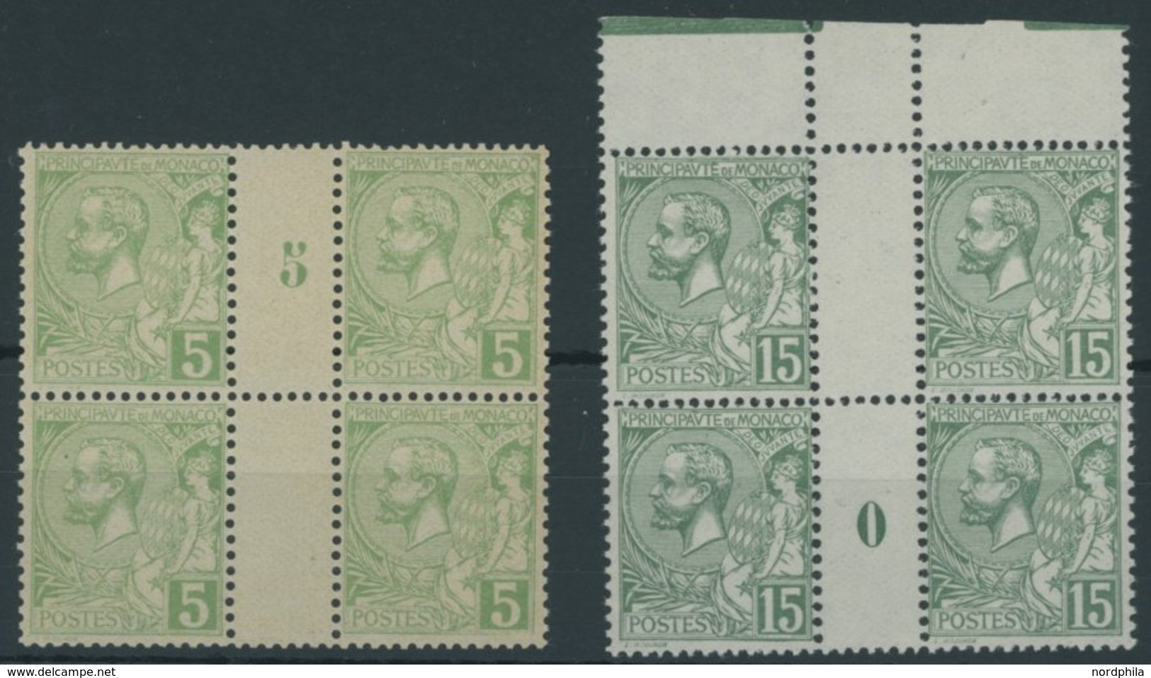 MONACO 22,49 VB **, 1902/21, 5 C. Hellgrün Und Grün, Je In Millesimes-Viererblocks, Kabinett - Sonstige & Ohne Zuordnung
