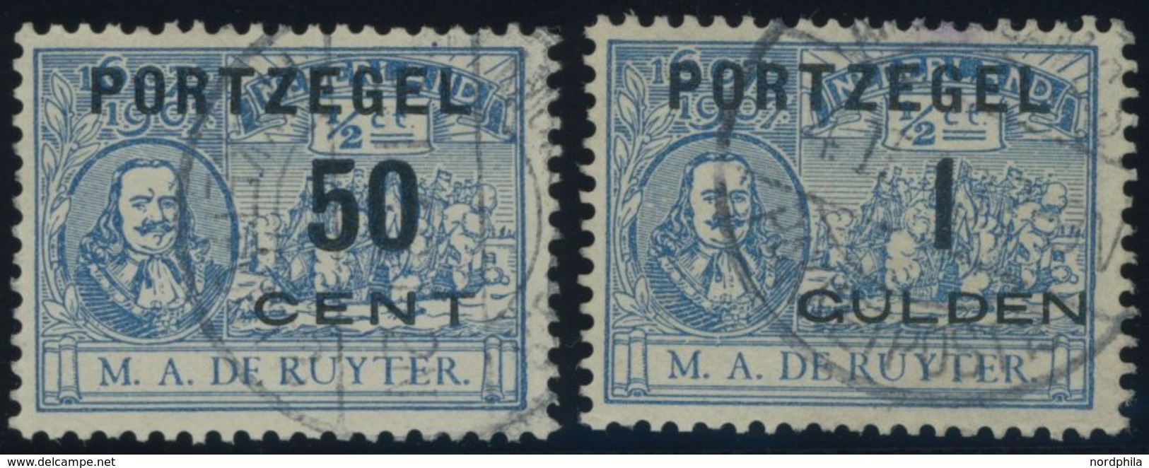 PORTOMARKEN P 40/1 O, 1907, 50 C. Auf 1/2 C. Und 1 G. Auf 1/2 C. Blau, 2 Prachtwerte, Mi. 110.- - Strafportzegels