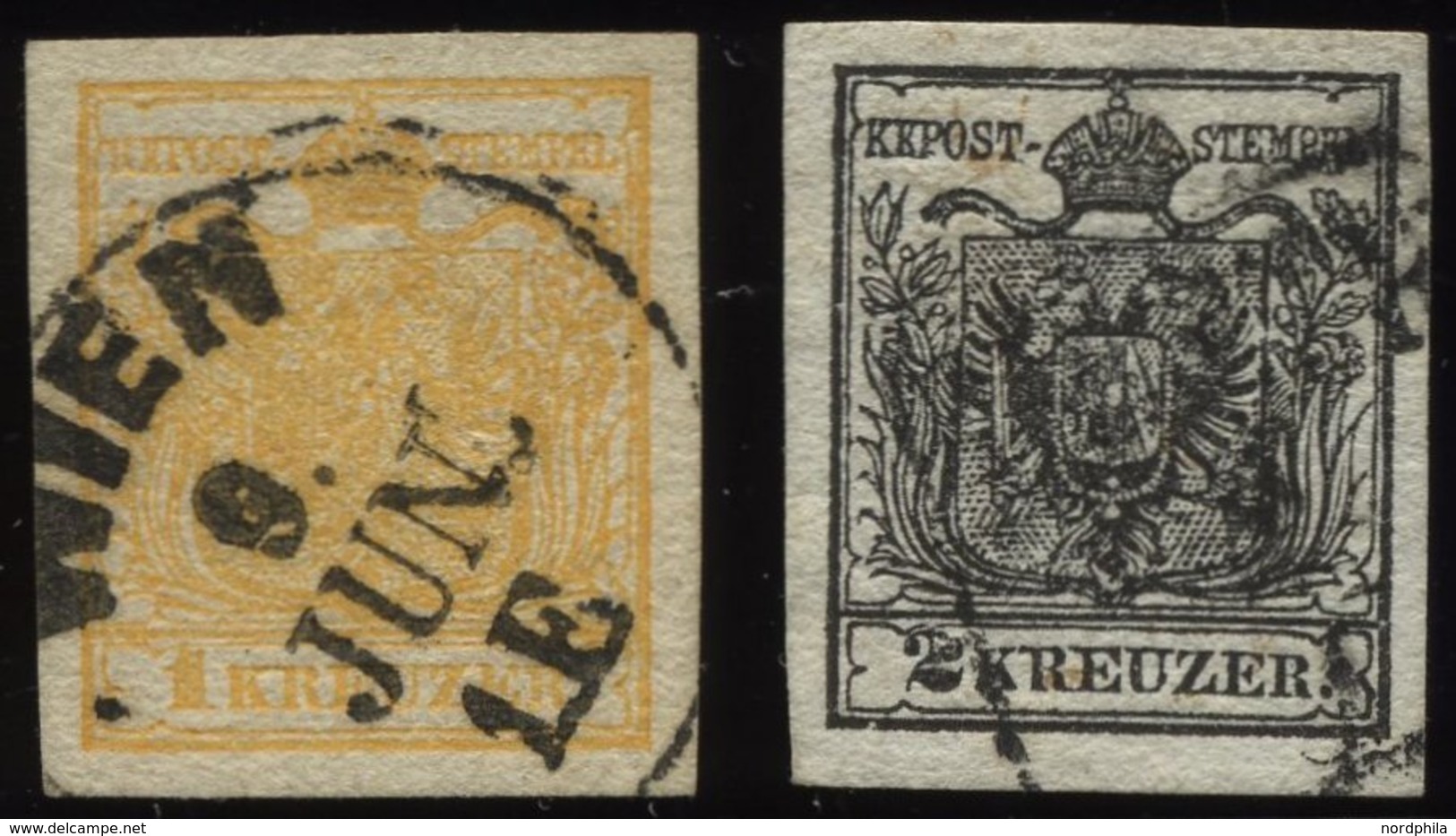 ÖSTERREICH 1,2X O, 1850, 1 Kr. Gelb Und 2 Kr. Schwarz, Handpapier, 2 Prachtwerte, Mi. 210.- - Used Stamps