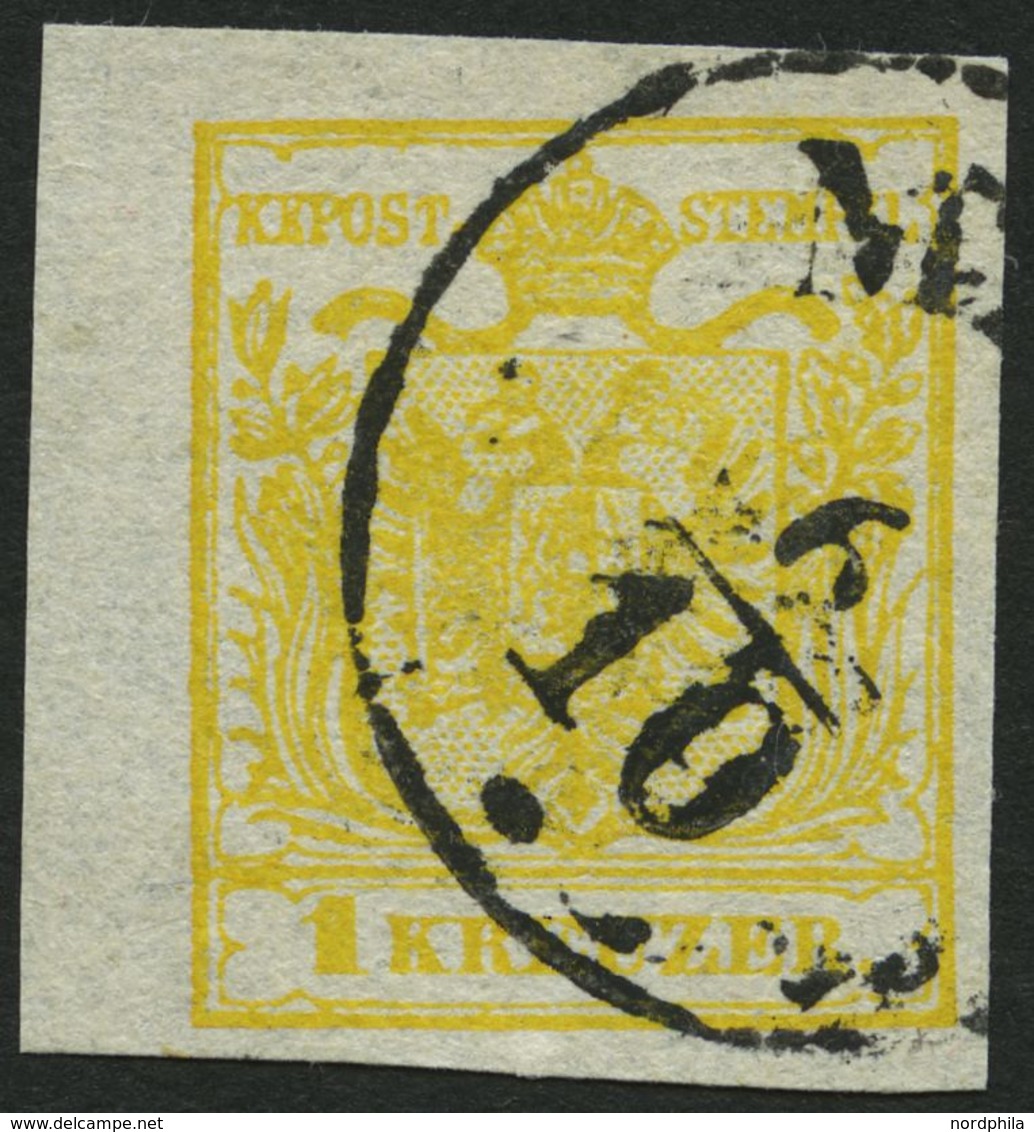 ÖSTERREICH 1Xa O, 1850, 1 Kr. Ockergelb, Handpapier, Type Ib, Mit Linkem Rand (4 Mm), Pracht - Oblitérés