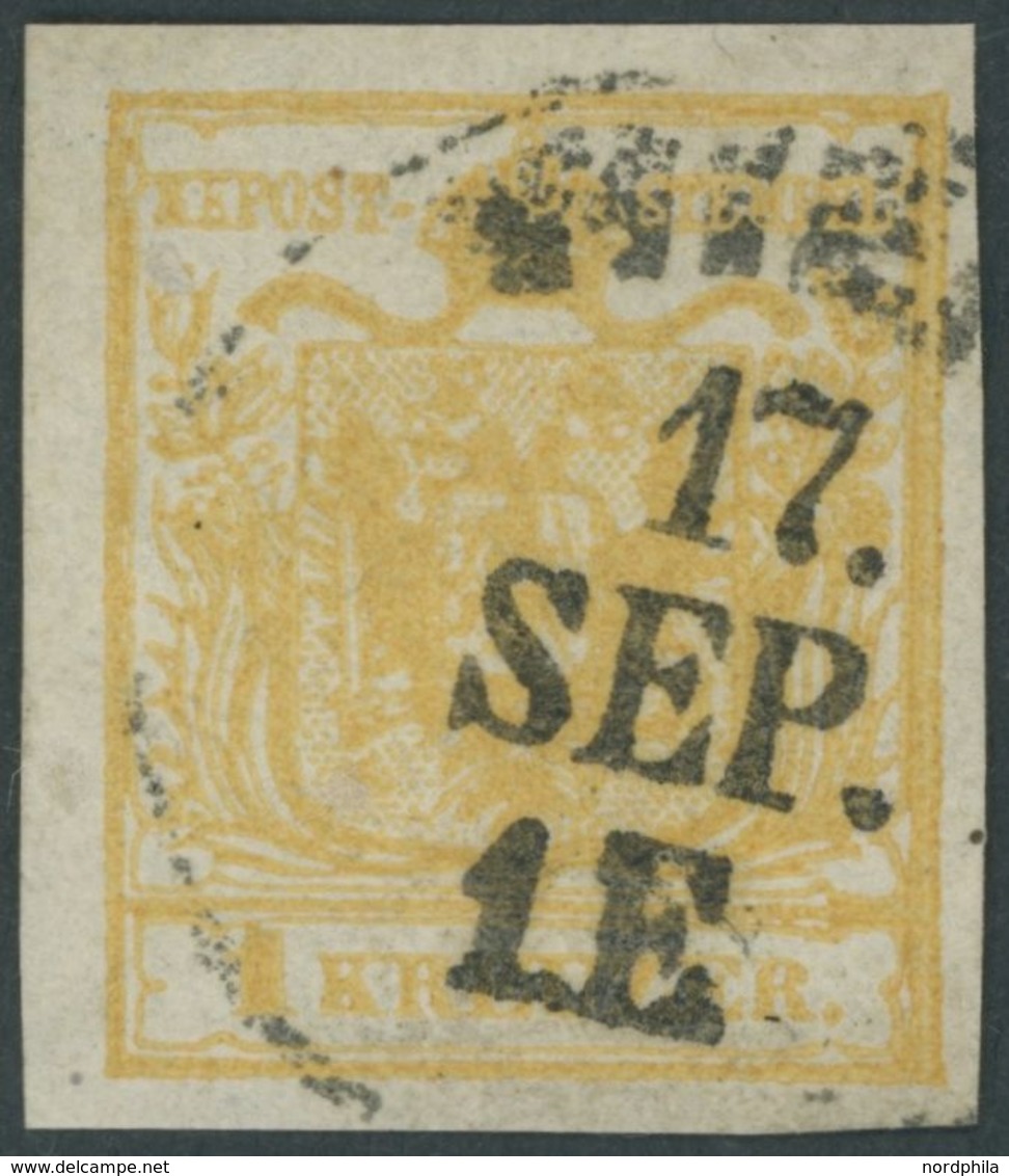 1850, 1 Kr. Gelb, Handpapier, K1 WIEN, Breitrandiges Kabinettstück -> Automatically Generated Translation: 1850, 1 Kr. Y - Oblitérés