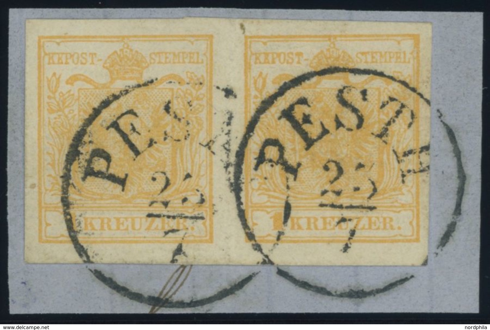 1850, 1 Kr. Orange, Handpapier, Type III, Im Waagerechten Paar, Allseits Breitrandig Mit K1 PESTH, Kabinettbriefstück, G - Oblitérés