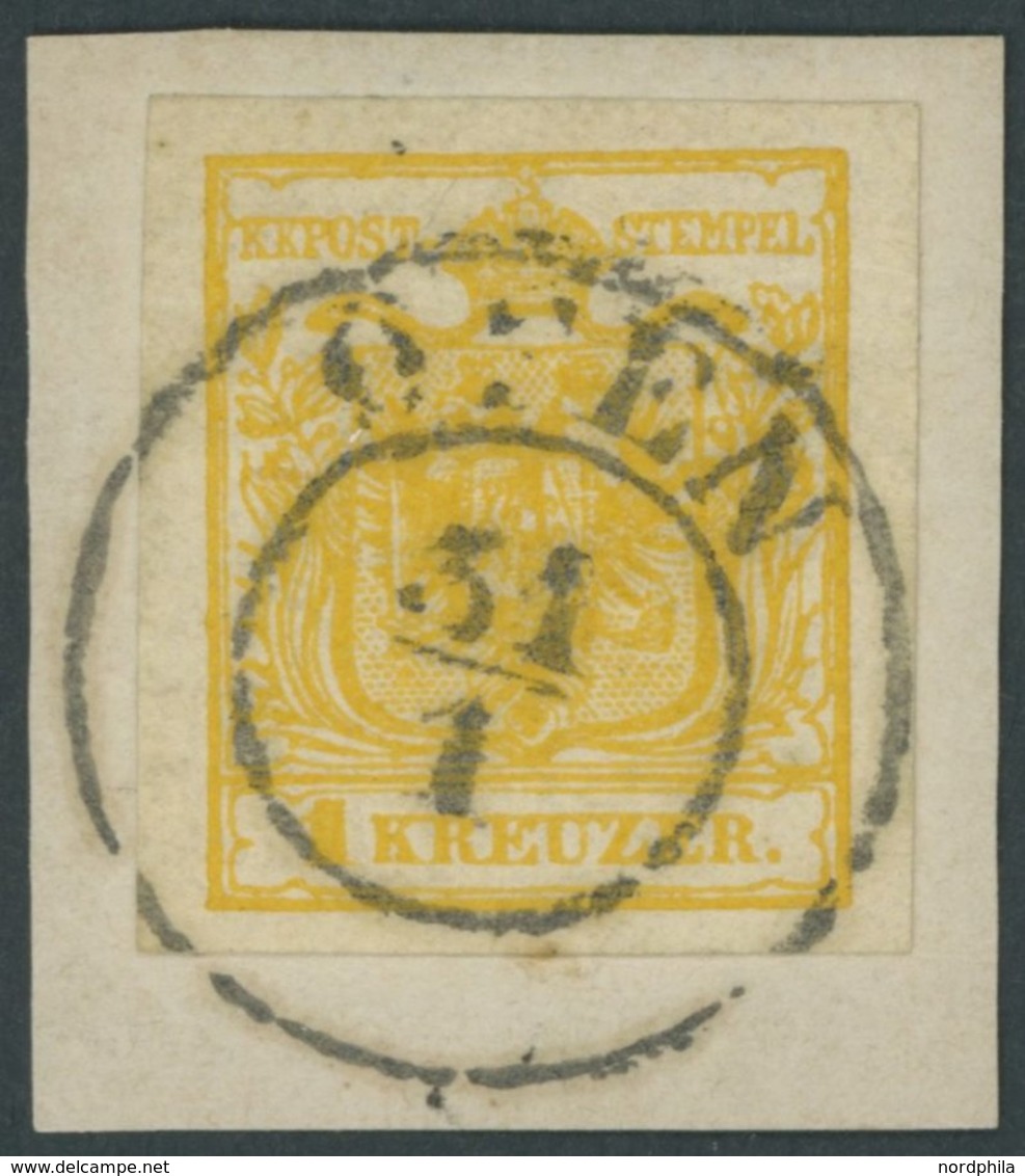 1850, 1 Kr. Kadmiumgelb, Handpapier, Type III, K2 OFEN, Breitrandiges Kabinettbriefstück, Gepr. Jerger Und Dr. Ferchenba - Used Stamps