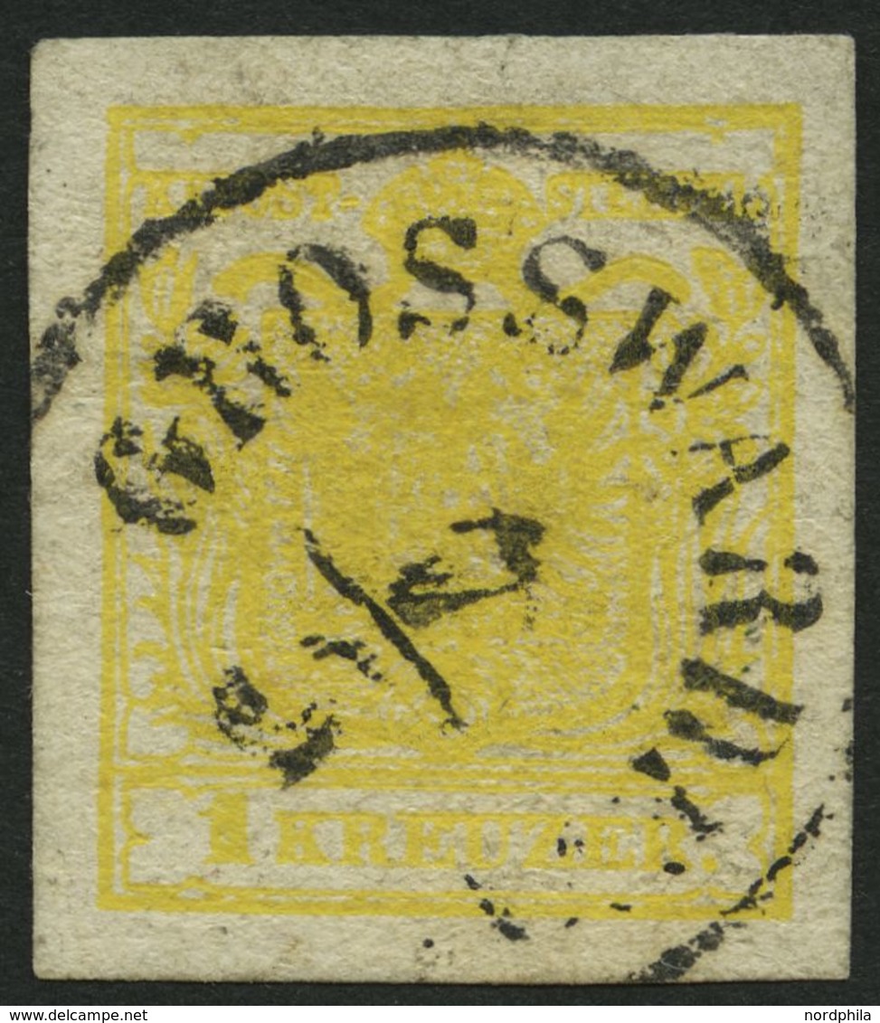 ÖSTERREICH 1Ya O, 1854, 1 Kr. Gelb, Maschinenpapier, Type Ia, Ungarischer K1 GROSSWARDEIN, Breitrandig, Pracht - Used Stamps