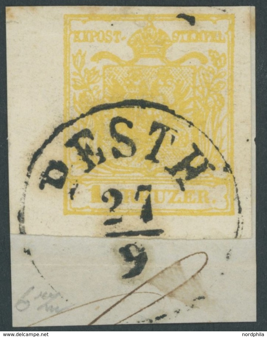 1854, 1 Kr. Gelb, Maschinenpapier, Type III, Breitrandig Mit Linkem Bogenrand (6 Mm), K1 PESTH, Prachtbriefstück, Gepr.  - Gebraucht