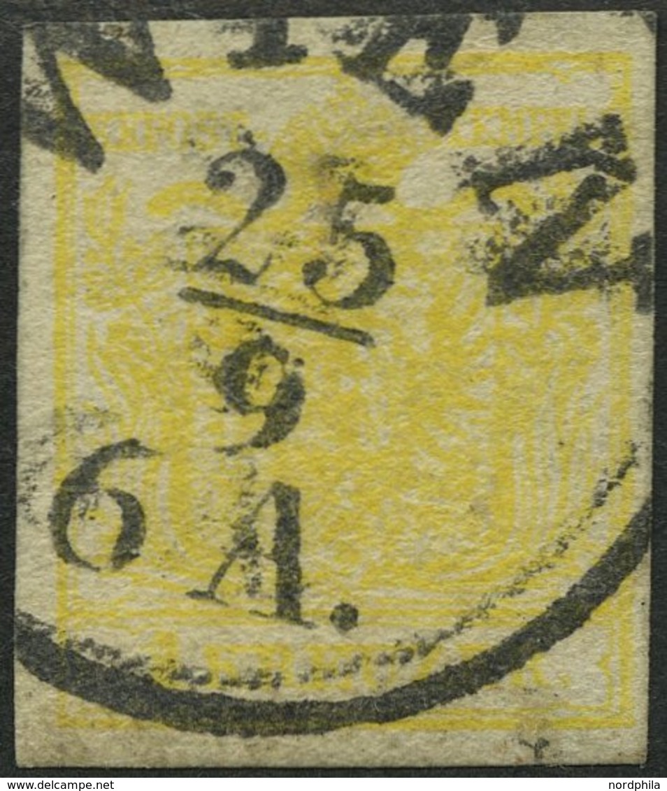 ÖSTERREICH 1Y O, 1854, 1 Kr. Schwefelgelb, Maschinenpapier, Type III, K1 WIEN, Abgenutzter Druck, Pracht, Gepr. Dr. Ferc - Gebraucht